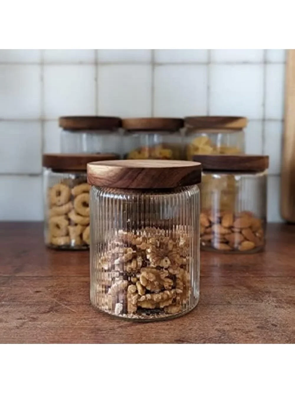 Ribbed Glass Storage Canisters with Wooden Lids, 17oz Set of 3 | Airtight